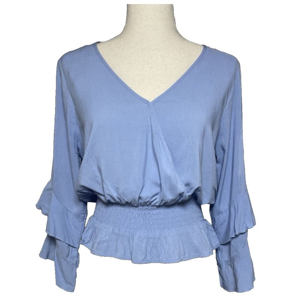Just Polly NWOT crop long 3/4 sleeve elastic ruffle waist blue M cottage party